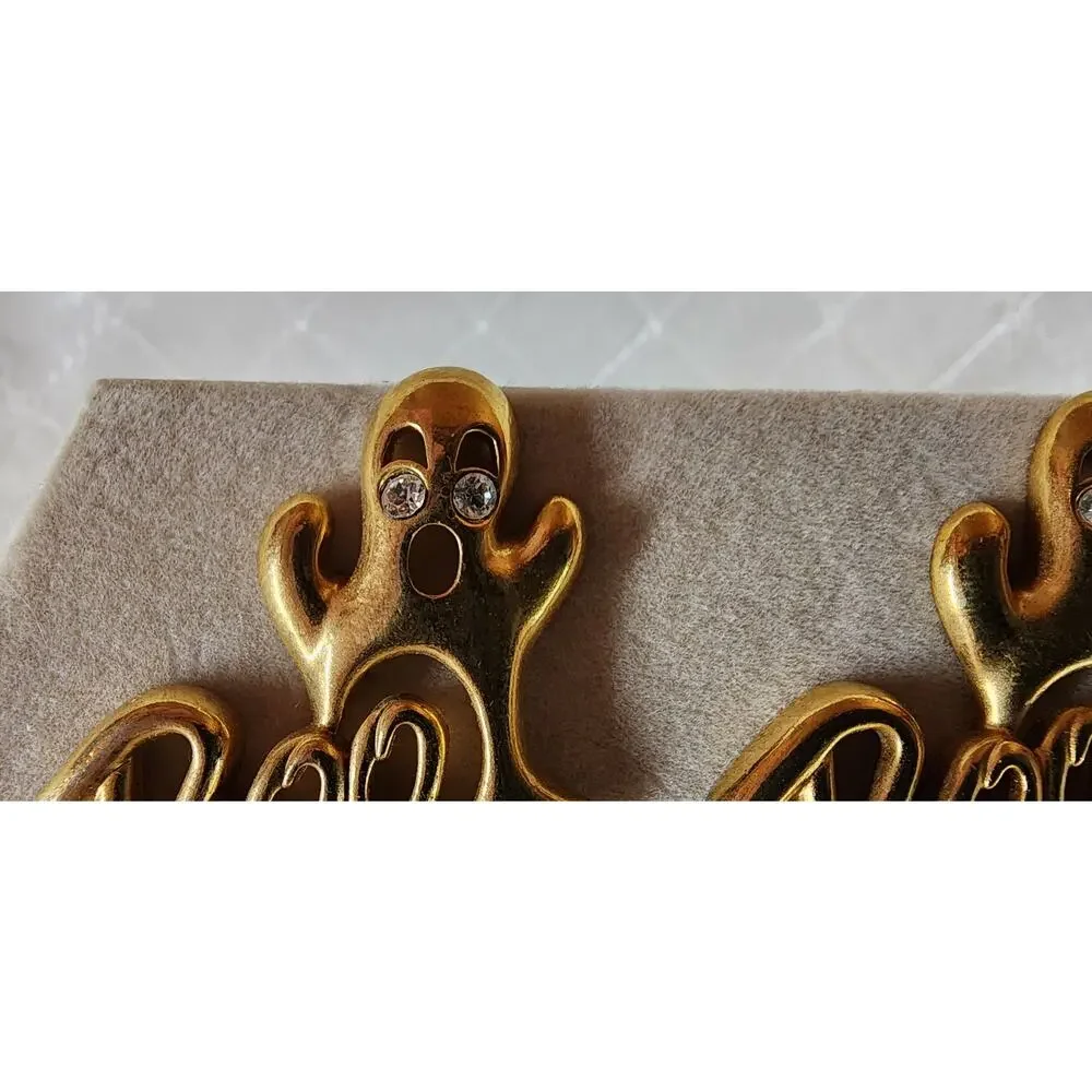 Vintage Avon Gleeful Ghost Boo Halloween Pins Pair Gold Tone Rhinestone Eyes